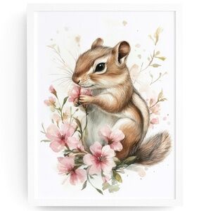 Watercolor Floral Chipmunk Portrait Wall Art Illustration Print Poster Unframed
